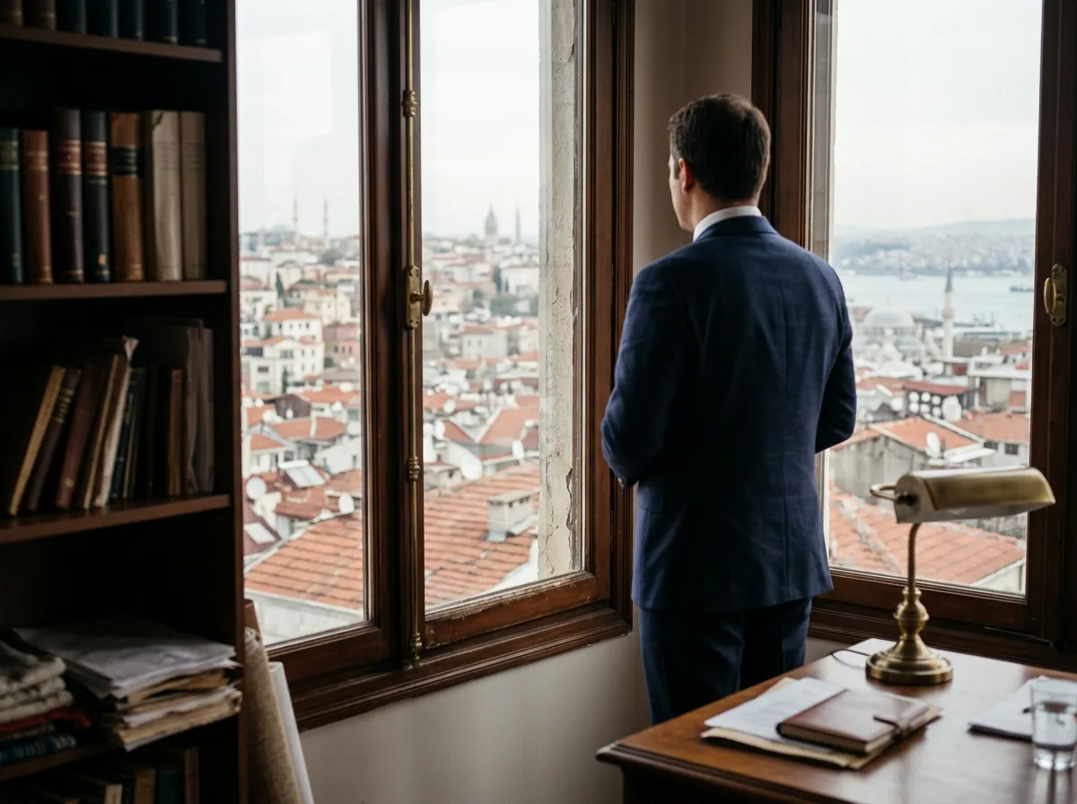 Lacivert takım elbiseli bir avukat, büronun penceresinden İstanbul çatılarına bakarken arkadan görülüyor.